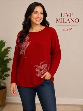 LIVE Milano Red Floral Embellished raglan sleeve Sweater/size M